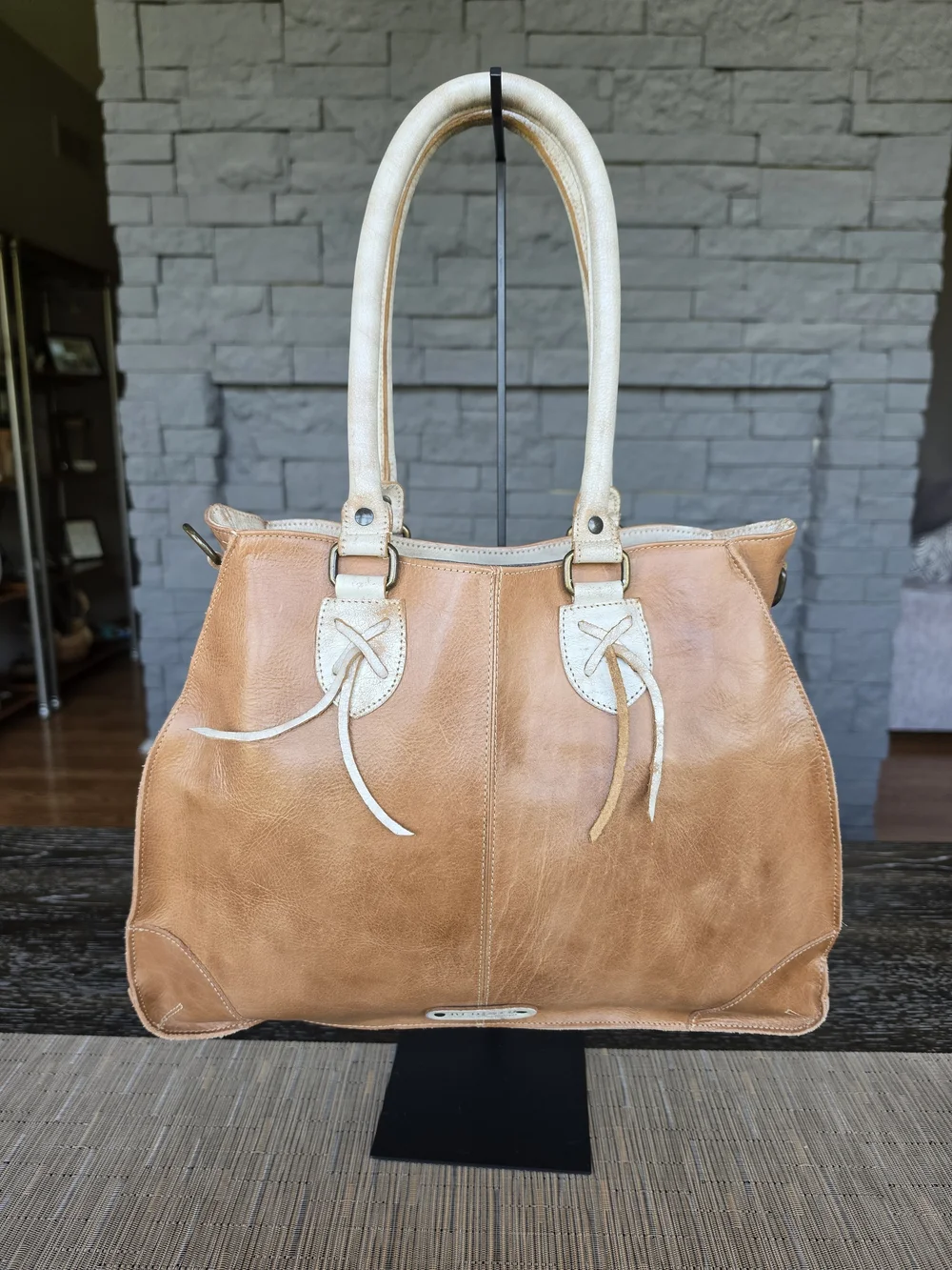 Bed Stu Bruna Leather Handbag in Tan with Cream Handles